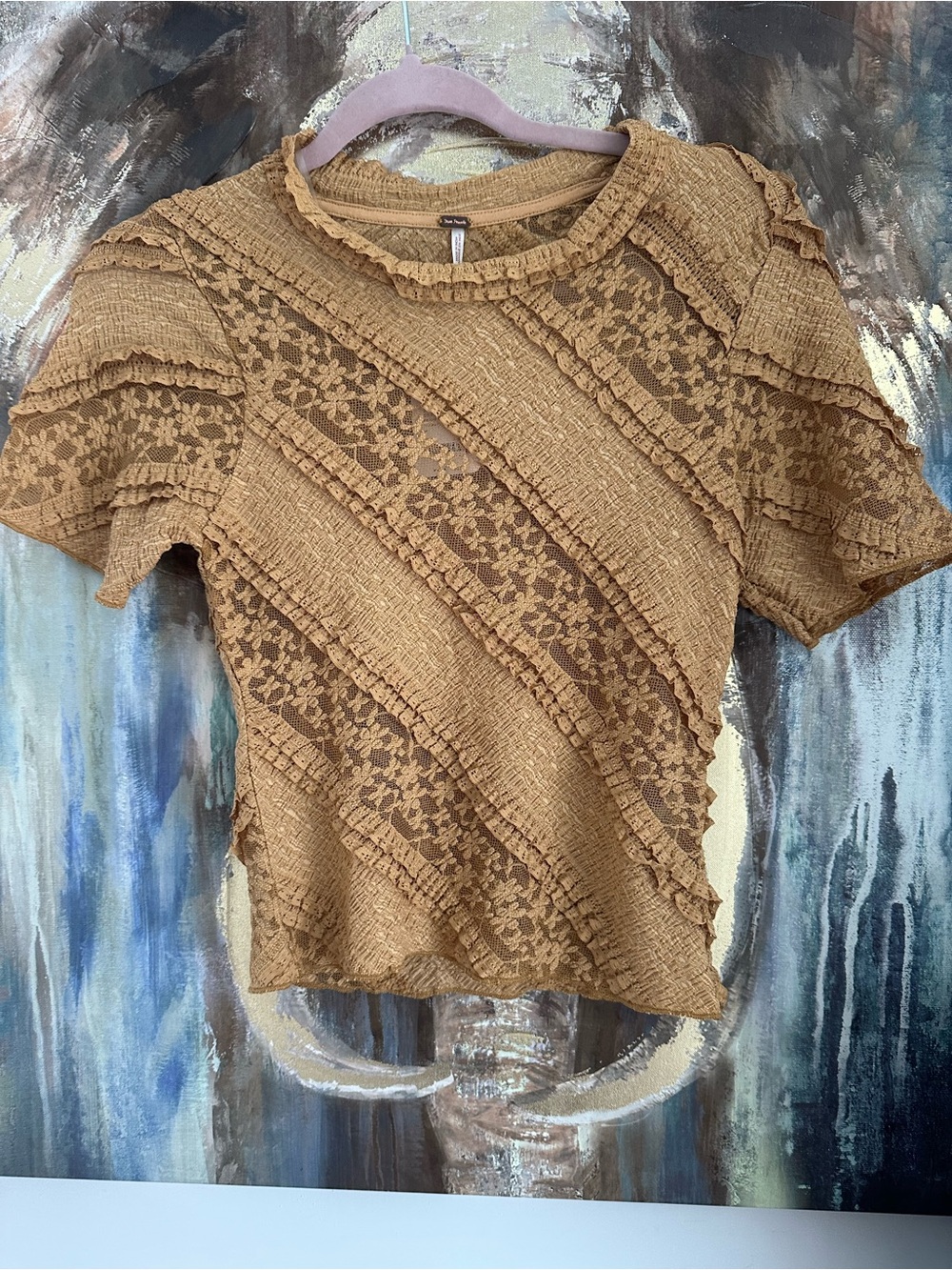 Free people Textured Lace-Panel Short Sleeve Top in Camel S